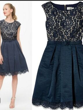 Eliza J Navy Blue Lace Fit-and-Flare Dress